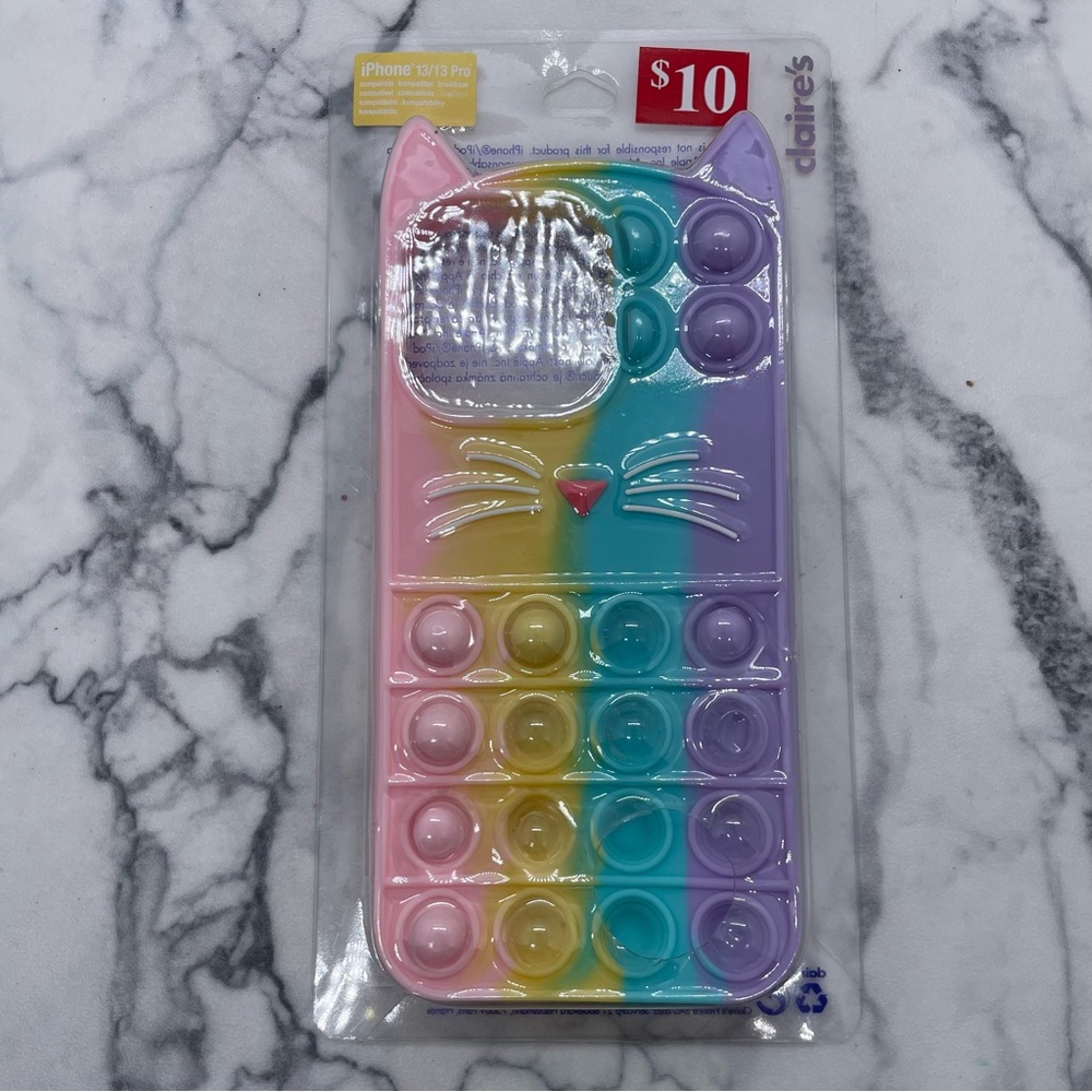 Claire's iPhone 13/13 Pro Fidget Pop Toy Kawaii Cat Pastel Rainbow Case